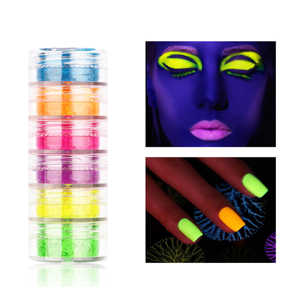 6pcs Neon Phosphor Pigment Powder Set Fluorescent Nail Glitter Eye Powder Nail Art Dust Pigment Paillettes
