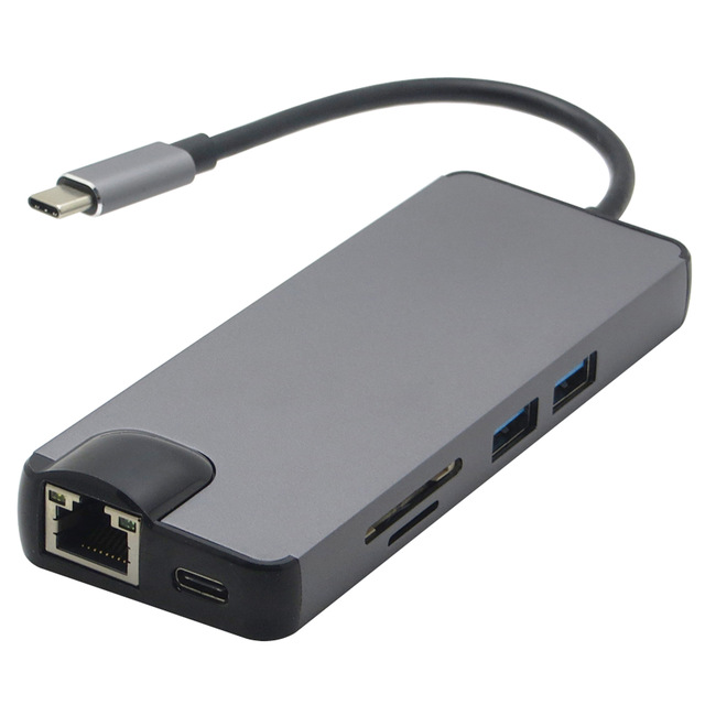 8 USB Port C HDMI VGA LAN Ethernet RJ45 Adapter for Mac Book Pro Type C Hub Card Reader 2 USB 3.0 Type-A + Type-C Charging Port