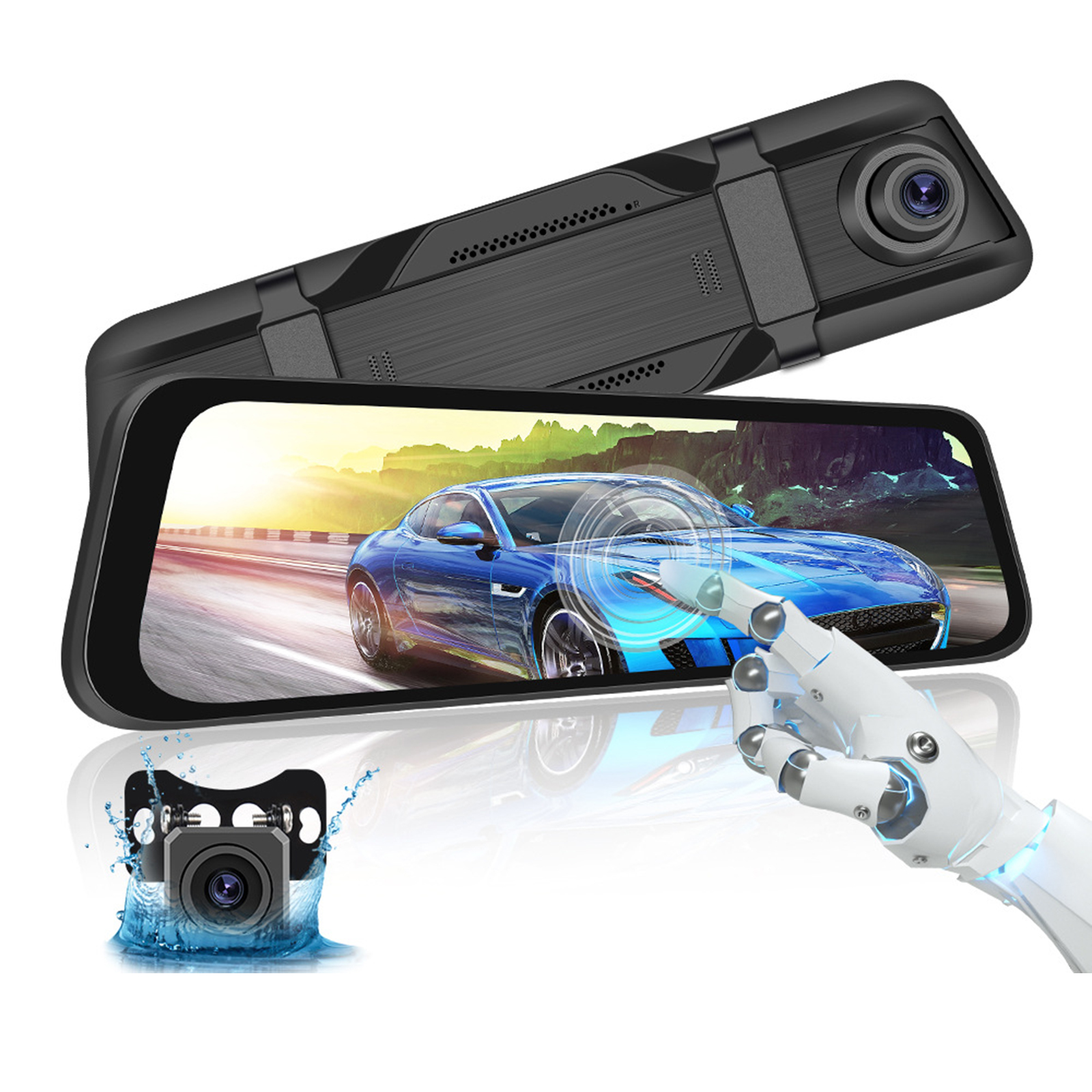 9.66 Inch Mirror Dash Cam Front Rear 1080P Camera IPS Touch Screen 150° Wide View Split Screen Driving Recorder