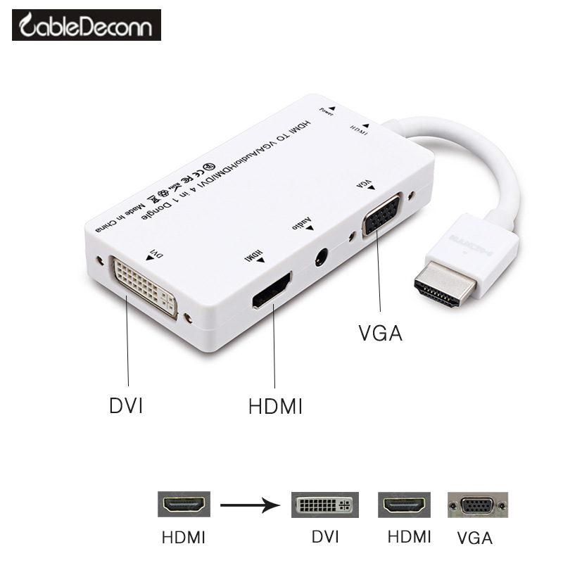Cabledeconn 4 in1 HDMI Splitter HDMI to VGA DVI Audio Video Cable Multiport Adapter Converter