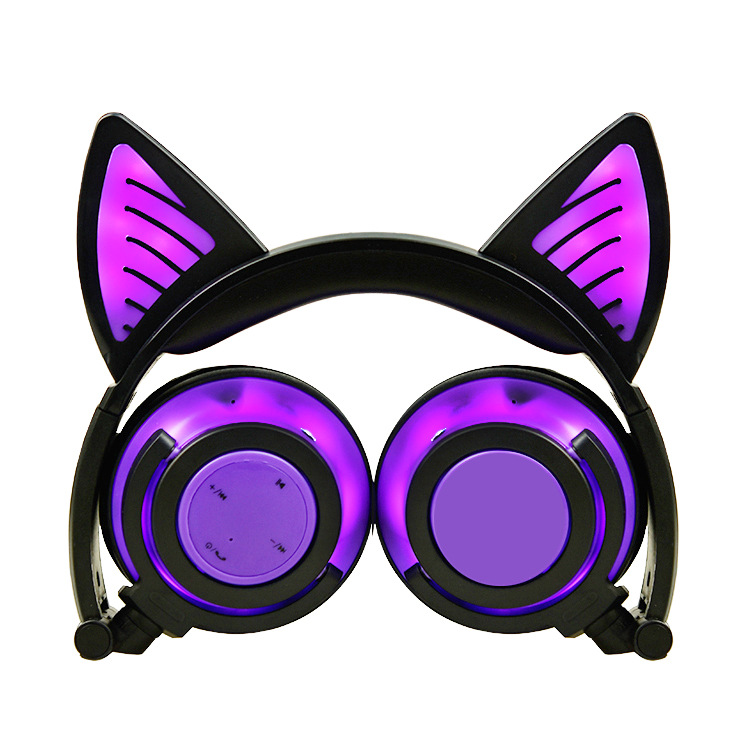 Cute Cat Ear Rechargeable Gaming Headset with LED Lights Colorful Over Ear Foldable Headphones with Mic for Cell Phone