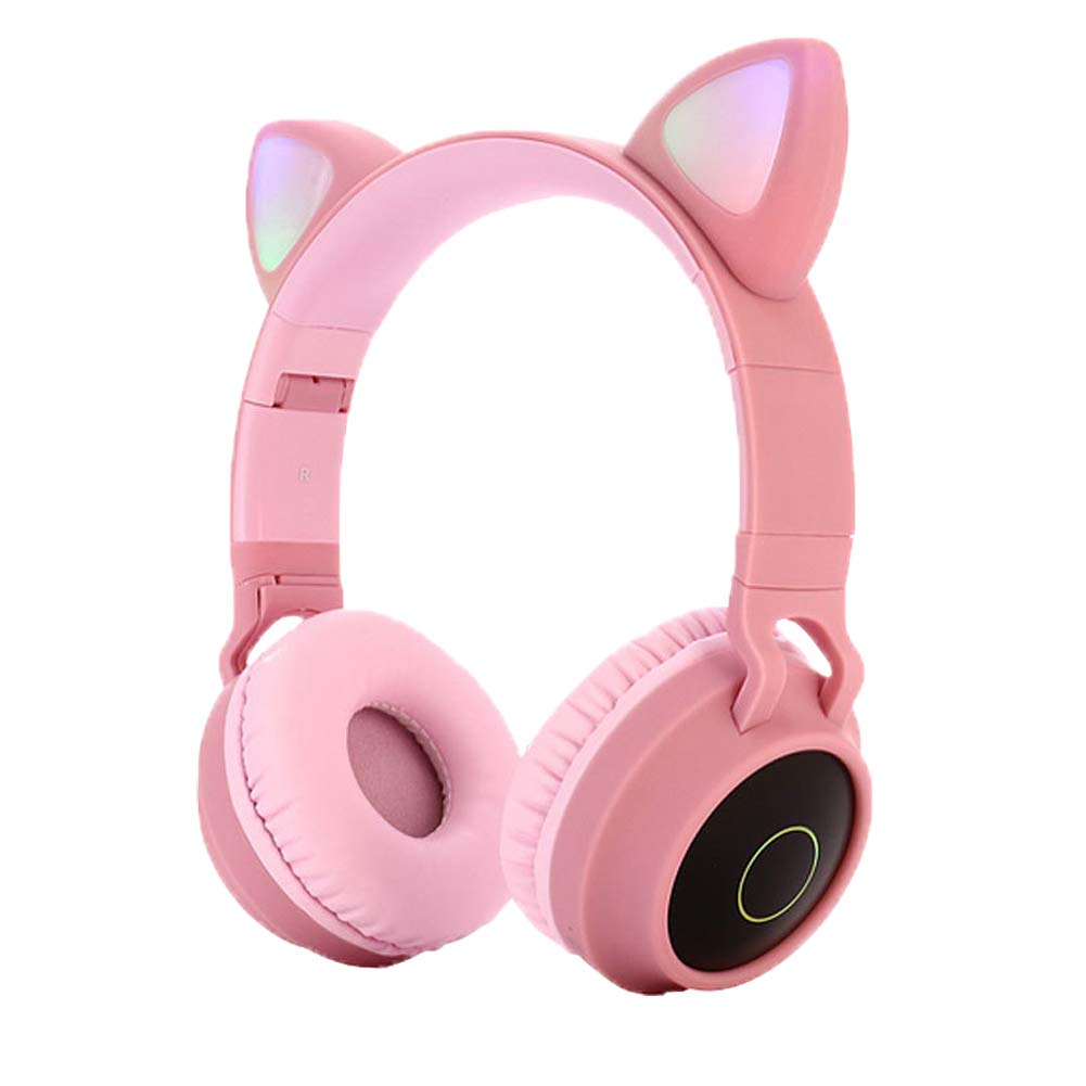 Cute Cat Ear Bluetooth 5.0 Headphones Foldable On-Ear Stereo Wireless Headset with Mic LED Light Support FM Radio/TF Card/Aux in for Smartphones PC Tablet
