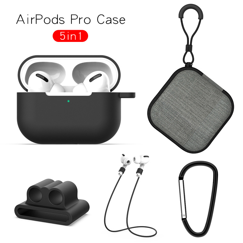 Earphone Protective Case for AirPods Pro Soft Silicone Cover+Carabiner+Anti-lost Strap+Wrist Holder+Storage Bag
