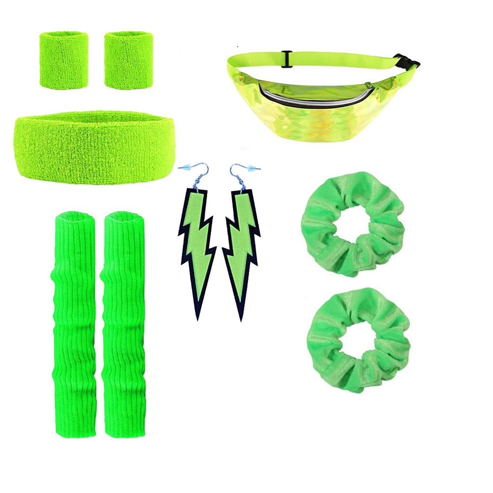 Environmental Protection Material Neon Prom Party Yoga Sports Headband Wristband Waist Bag Large Intestine Hair Ring Leg Set fluorescent green One size