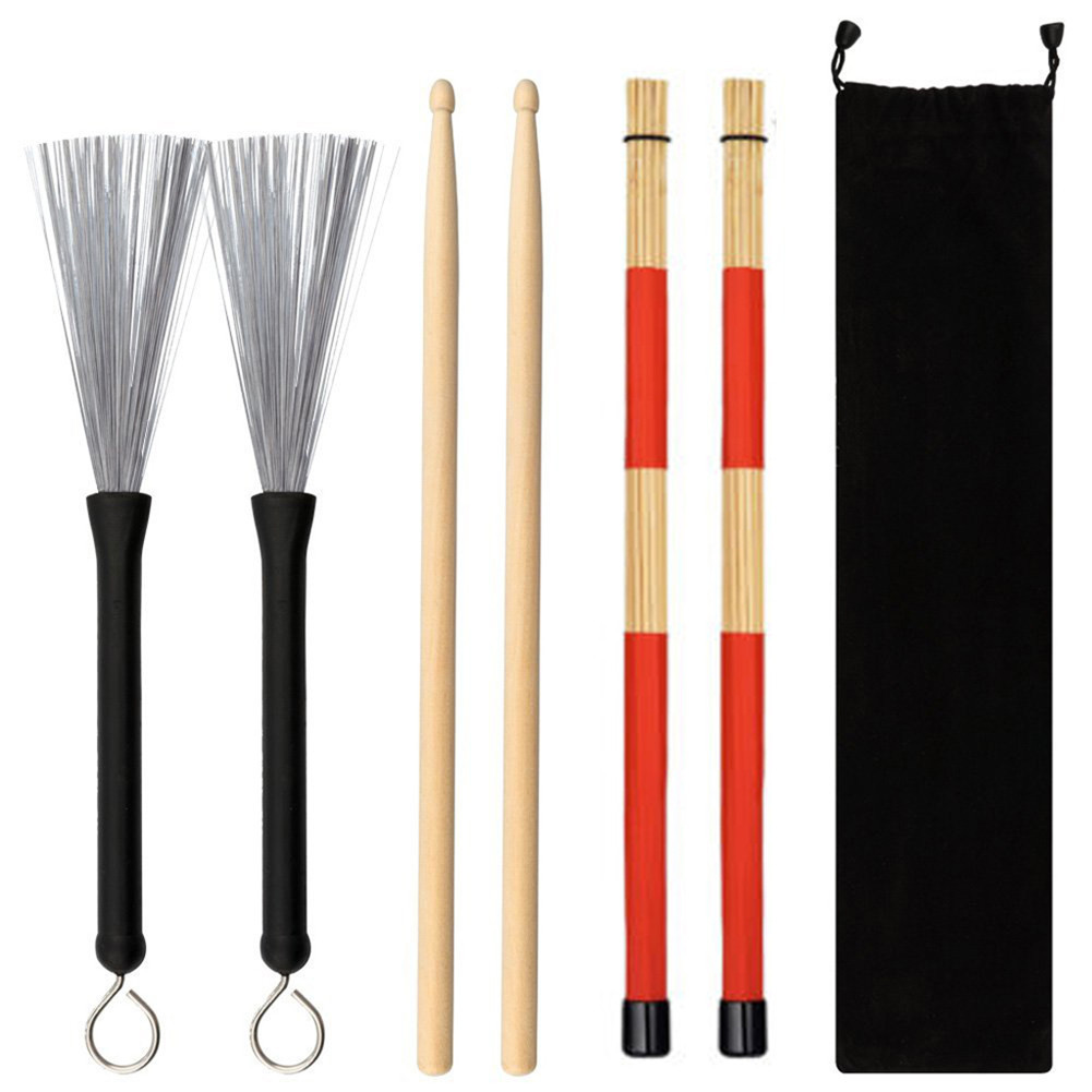 Jazz Drumsticks Set Include Bamboo Drum Sticks Steel Wire Brushes and Velvet Bag for Musical Instrument