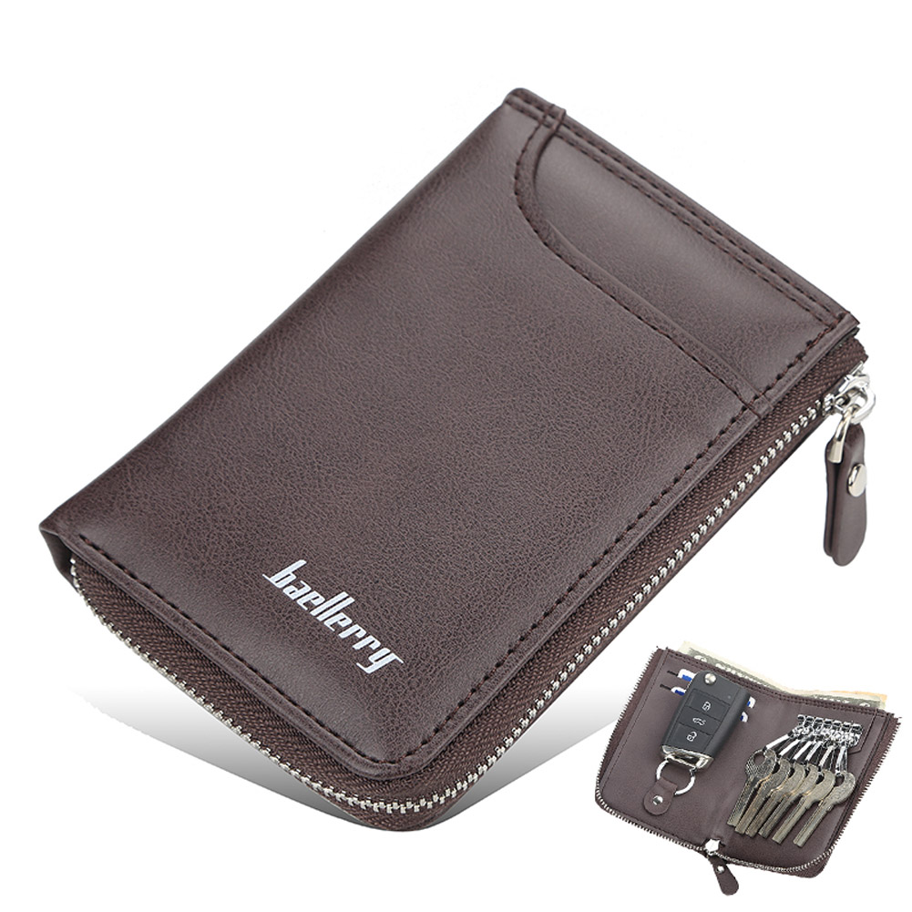 Men Short Zipper Wallet Portable Leather Key Case with Cards Slot