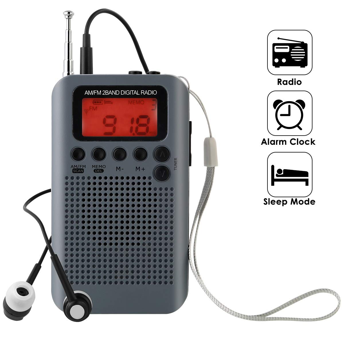 Portable AM FM Two Band Radio with Alarm Clock & Sleep Timer Digital Tuning Stereo Radio with 3.5mm Headphone Jack for Walking Jogging Camping