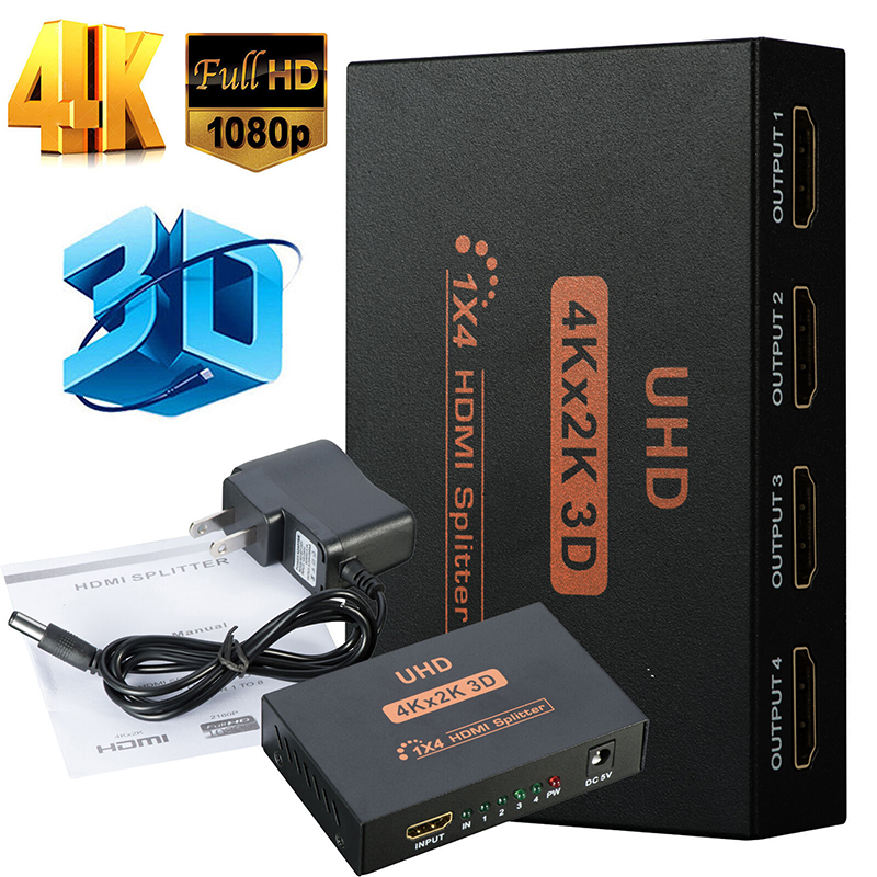 Ultra HD 4K 4 Port HDMI Splitter 1×4 Repeater Amplifier 1080P 3D Hub 1 In 4 Out