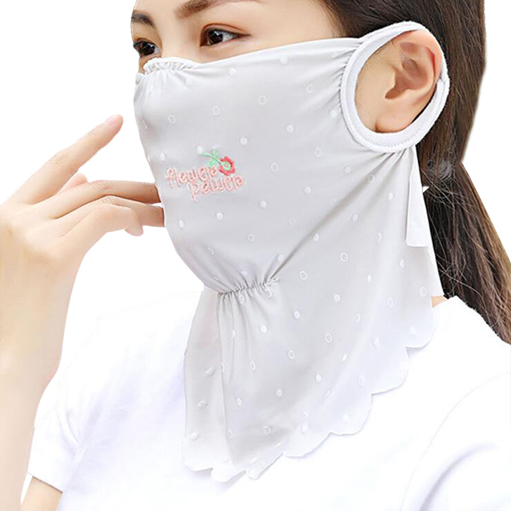 Women’s Summer Flower Embroidery Wave Edge Sunscreen Ice Silk Mask Dustproof Mask Polka dot gray_One size