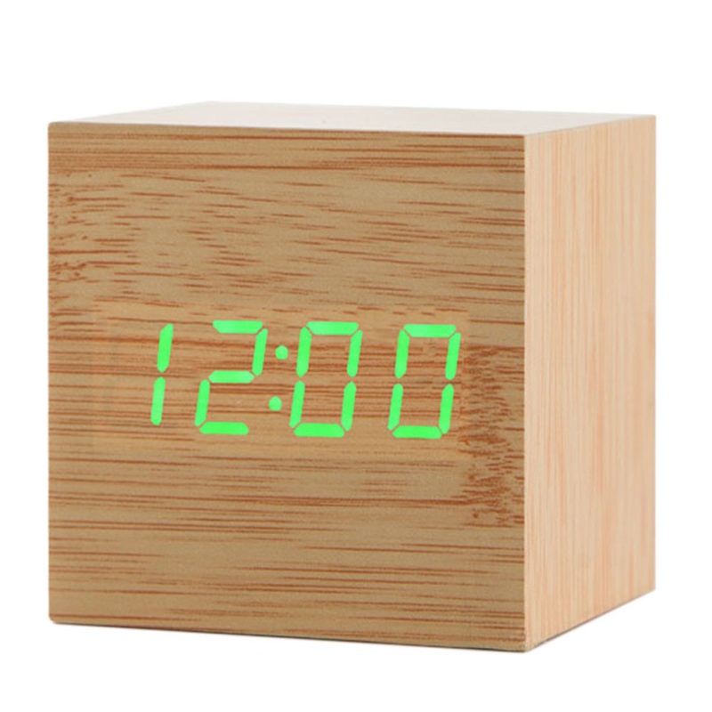 Wooden Digital Alarm Clock LED Light Multifunctional Modern Cube Displays Date Temperature for Home Office