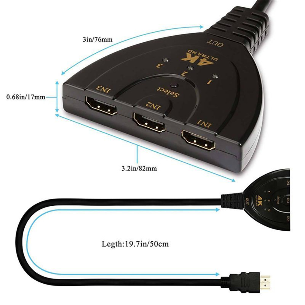 for 3-Port HDMI Splitter Switcher with Pigtail Cable Supports 4K 2K 1080P 3D Player DVD HDTV 3-in 1-out Port Hub for Xbox PS3 PS4 R25